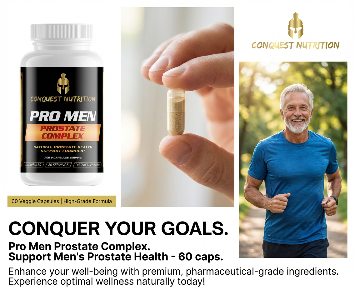 Advertisement for Conquest Nutrition Pro Men Prostate Complex with a man running outdoors.