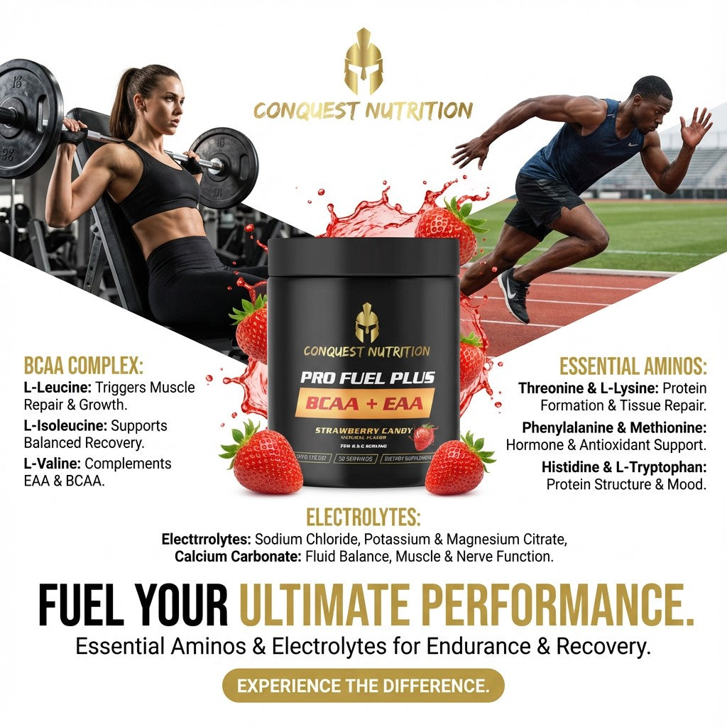 Advertisement for Conquest Nutrition Pro Fuel Plus supplement with athletes and nutritional information.