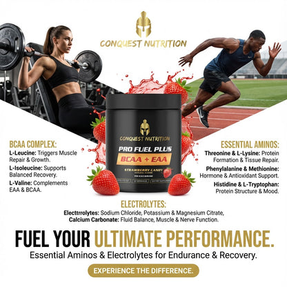 Advertisement for Conquest Nutrition Pro Fuel Plus supplement with athletes and nutritional information.
