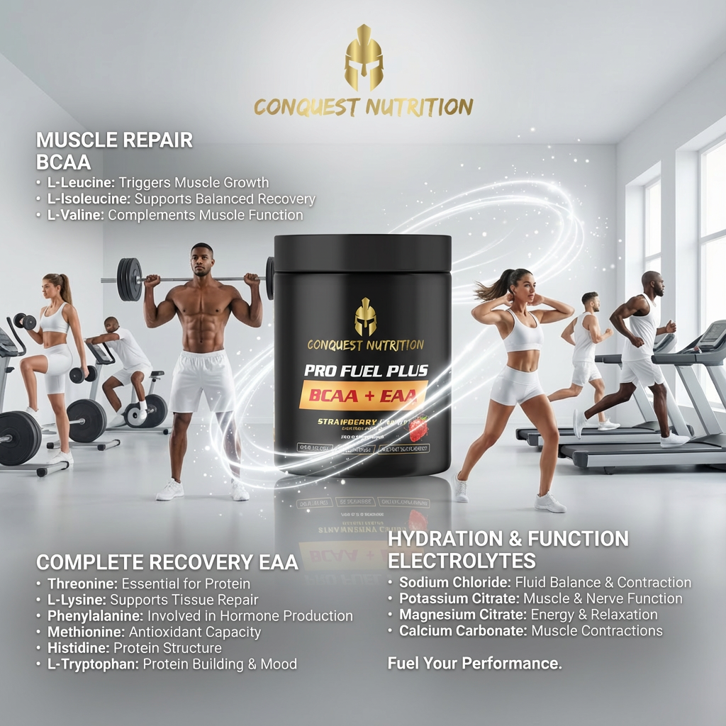 Conquest Nutrition Pro Fuel Plus supplement container with fitness models in a gym setting