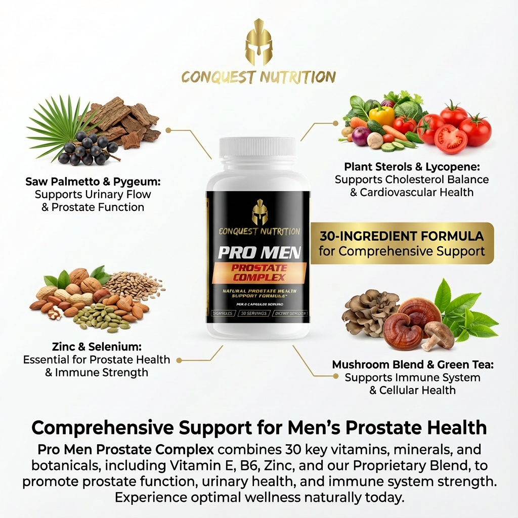 Conquest Nutrition Pro Men Prostate Complex with ingredients and health benefits on a white background