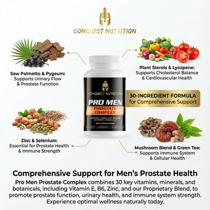 Conquest Nutrition Pro Men Prostate Complex with ingredients and health benefits on a white background