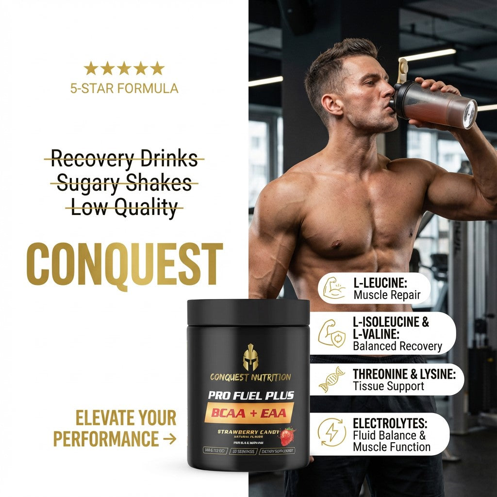 Man drinking a supplement shake with 'Conquest' product and text about recovery drinks and nutrition.