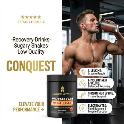 Man drinking a supplement shake with 'Conquest' product and text about recovery drinks and nutrition.