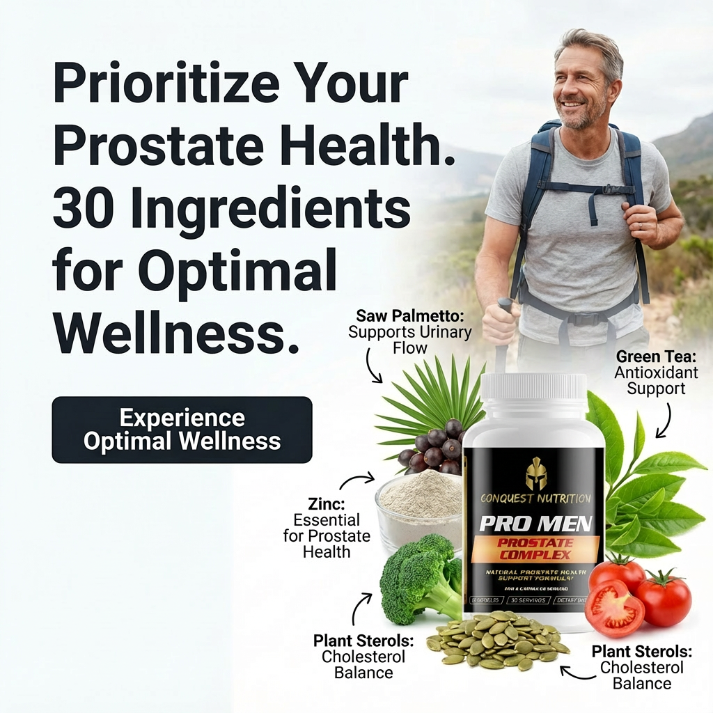 Advertisement for Pro Men Prostate Complex with a man hiking outdoors, highlighting ingredients and benefits.