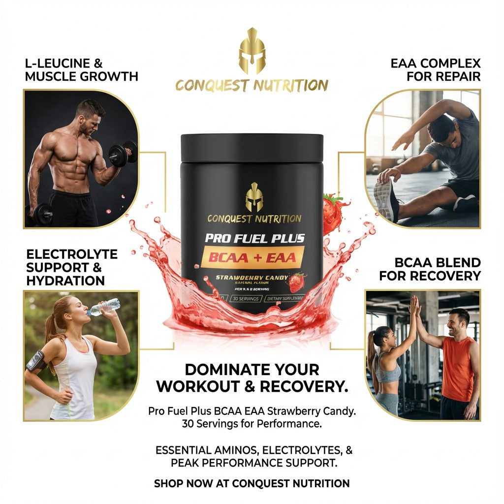 Promotional image of Conquest Nutrition Pro Fuel Plus BCAA EAA supplement with lifestyle images and product details.