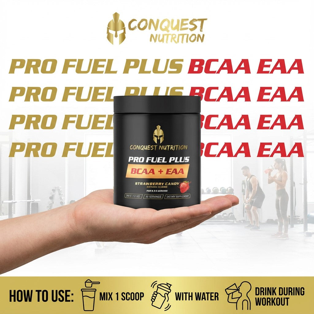 Hand holding a black container of Conquest Nutrition Pro Fuel Plus BCAA EAA supplement with gym background