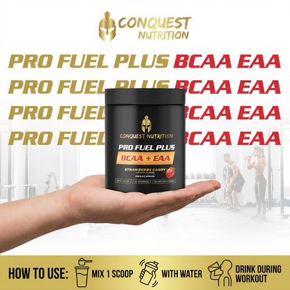 Hand holding a black container of Conquest Nutrition Pro Fuel Plus BCAA EAA supplement with gym background