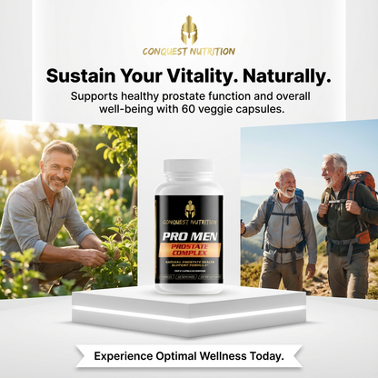 Advertisement for Conquest Nutrition Pro Men Prostate Complex with two men hiking and a man gardening.