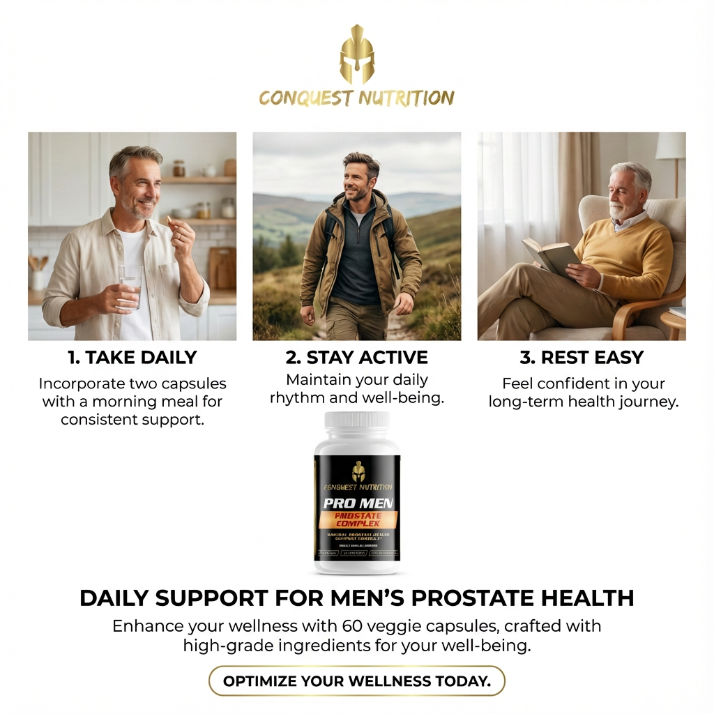 Advertisement for Conquest Nutrition Pro Men supplement with lifestyle images of men and product packaging.