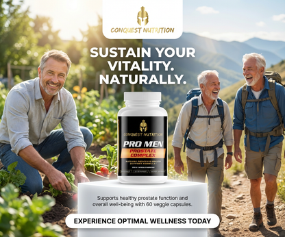 Advertisement for Conquest Nutrition Pro Men Prostate Support supplement with people in a garden and hiking.