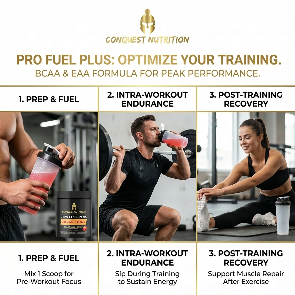 Advertisement for Conquest Nutrition Pro Fuel Plus with images of people using the product in a gym setting.