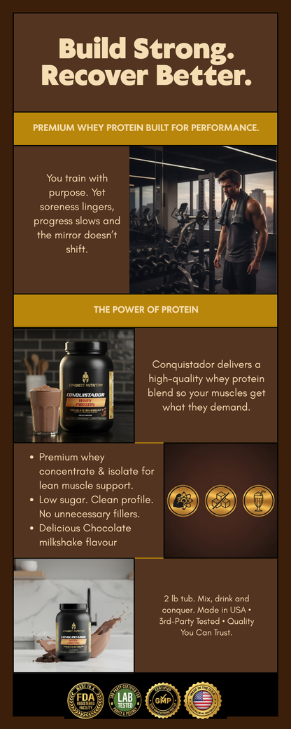 Conquistador Chocolate Whey Protein - Delicious Milkshake Flavor 2lb