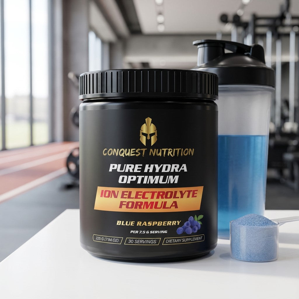 Conquest Nutrition Pure Hydra Optimum supplement container with a shaker and scoop in a gym setting