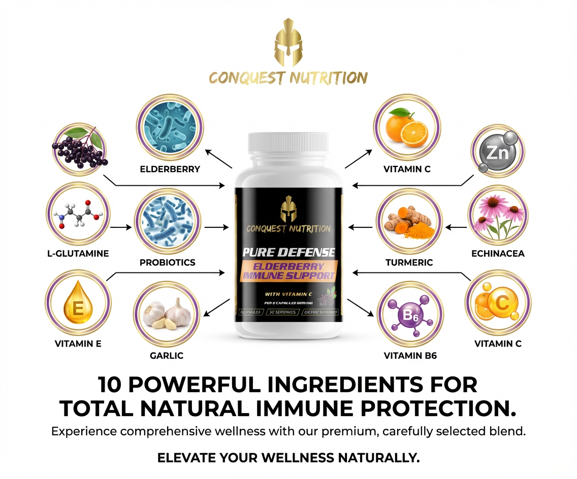 Conquest Nutrition Pure Defense supplement bottle with immune system ingredients on a white background