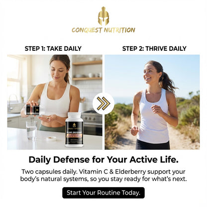Advertisement for Conquest Nutrition daily defense supplement with two images of a woman and text.