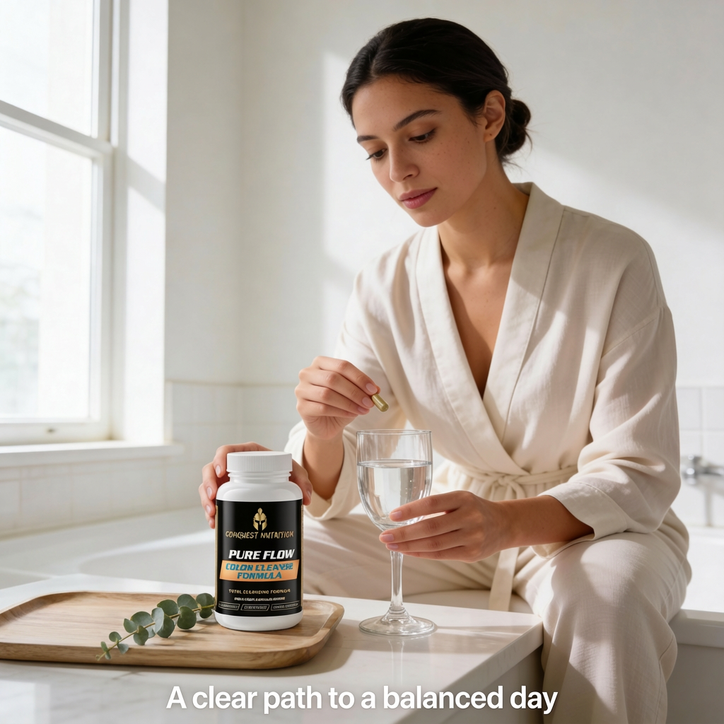 Woman in a white robe holding a supplement bottle and glass of water, with 'PURE FLOW' branding visible.