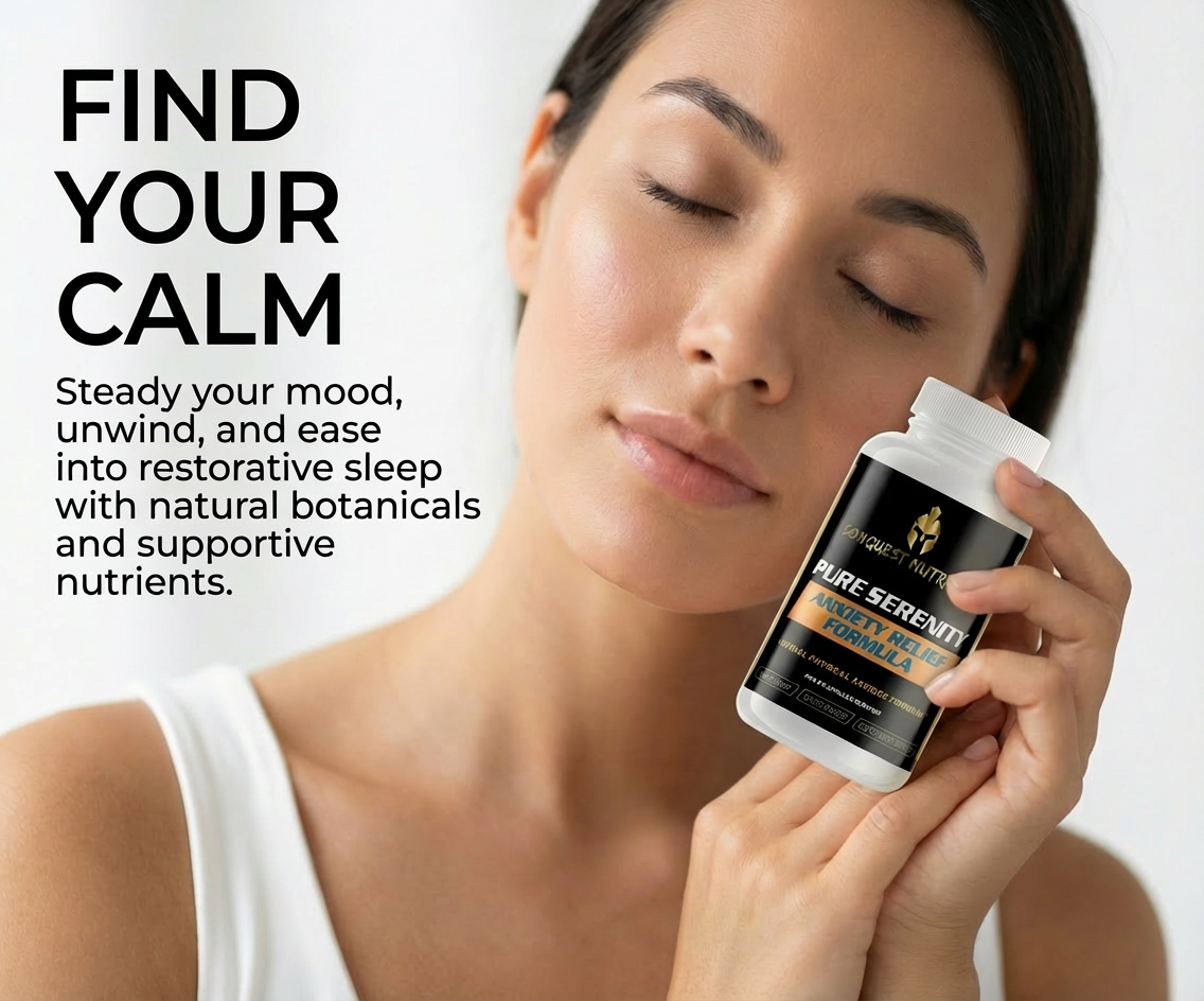 Woman holding a supplement bottle with text about restorative sleep and natural botanicals.