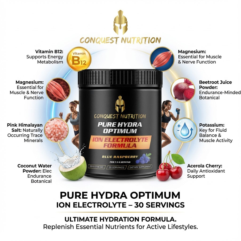Conquest Nutrition Pure Hydra Optimum ion electrolyte supplement with ingredients listed on a white background