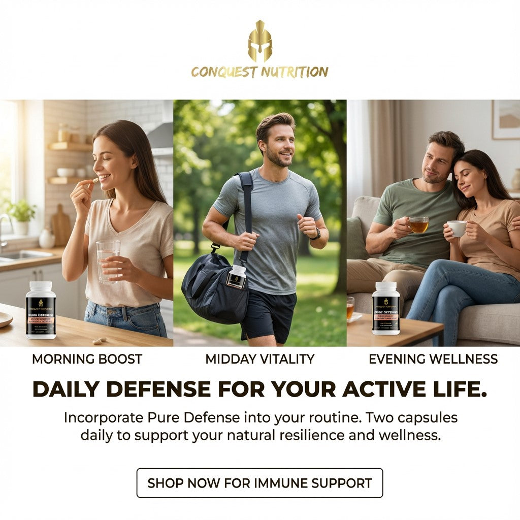 Advertisement for Conquest Nutrition supplements with lifestyle images and product packaging.