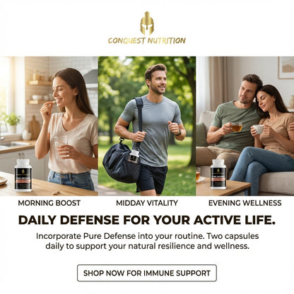 Advertisement for Conquest Nutrition supplements with lifestyle images and product packaging.