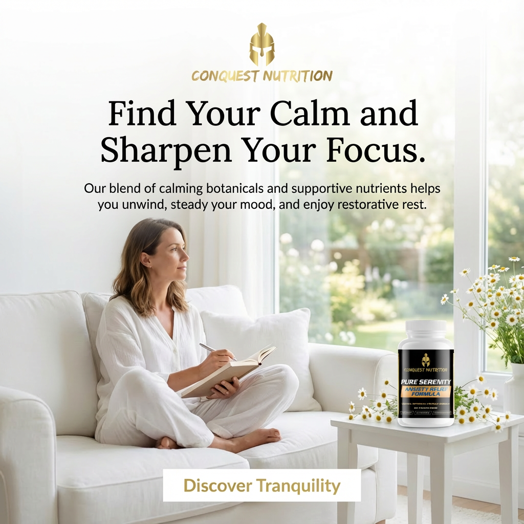 Woman sitting on a couch with a book, next to a bottle of Conquest Nutrition supplements, with text about finding calm and sharpening focus.