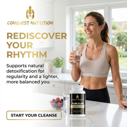 Woman holding a glass of water with Conquest Nutrition products and text in a kitchen setting.