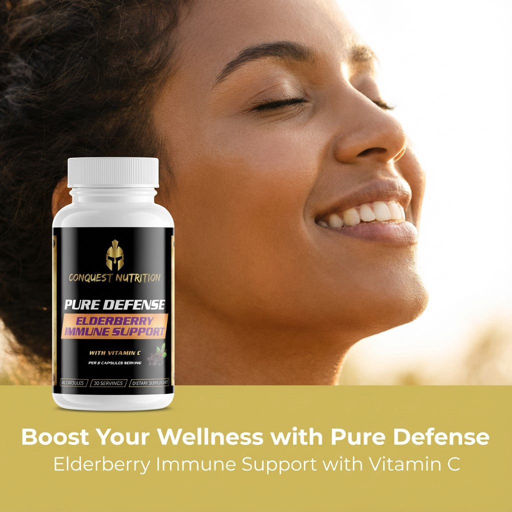 Conquest Nutrition Pure Defense supplement bottle with a woman smiling in the background