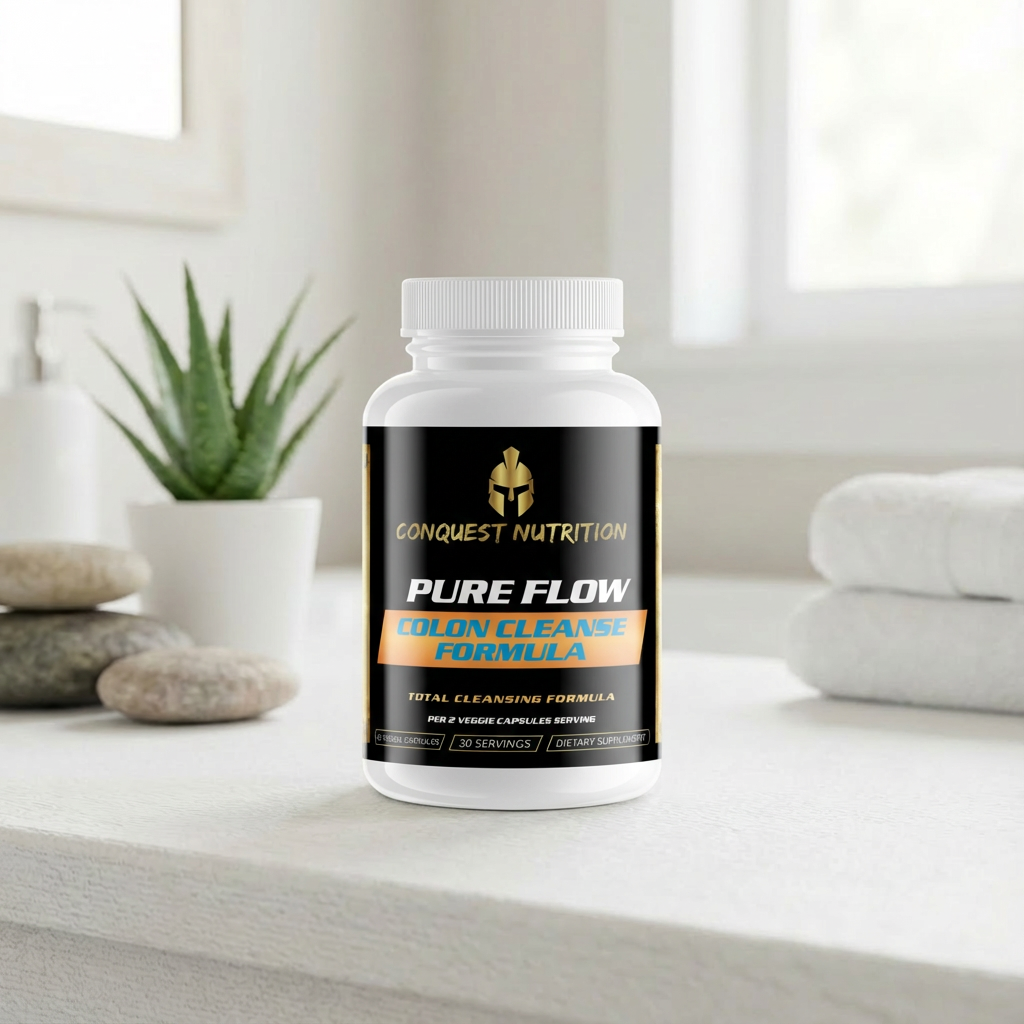 Conquest Nutrition Pure Flow Colon Cleanse Formula bottle on a white surface with a neutral background