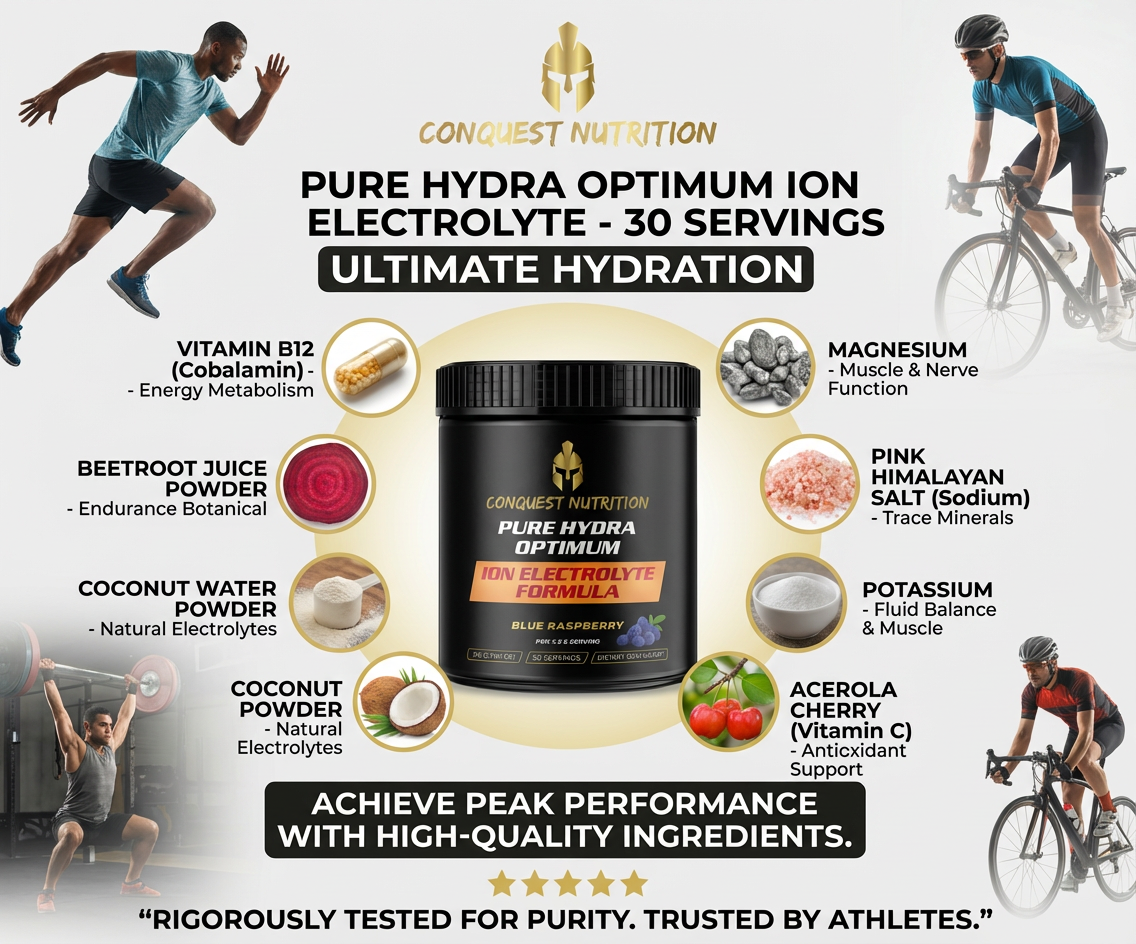 Advertisement for Conquest Nutrition Pure Hydra Optimum Ion Electrolyte supplement with athletes and product details.