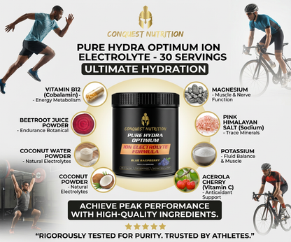 Advertisement for Conquest Nutrition Pure Hydra Optimum Ion Electrolyte supplement with athletes and product details.