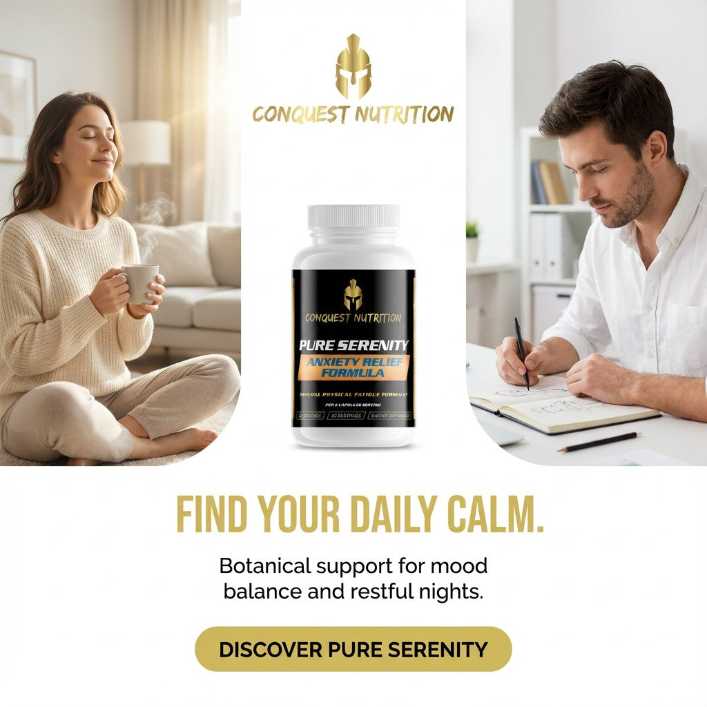 Advertisement for Conquest Nutrition Pure Serenity supplement with a woman and man in a home setting.