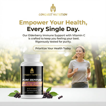 Conquest Nutrition supplement bottle with a woman running outdoors, promoting immune support.