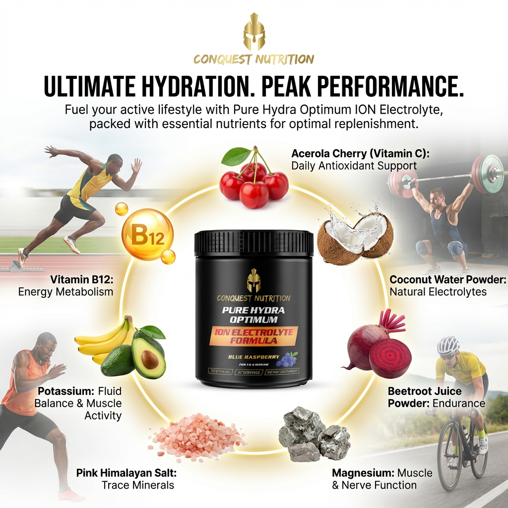 Advertisement for Conquest Nutrition Pure Hydra Optimum ION Electrolyte Formula with ingredients and health benefits.