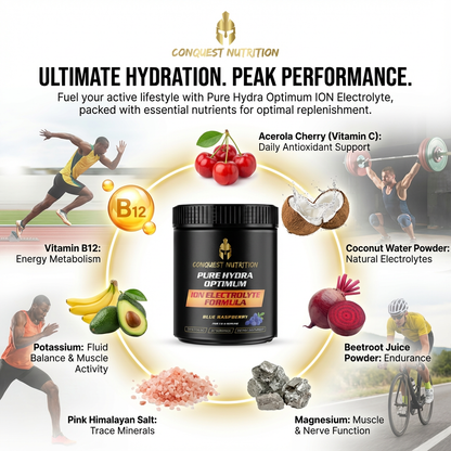 Advertisement for Conquest Nutrition Pure Hydra Optimum ION Electrolyte Formula with ingredients and health benefits.