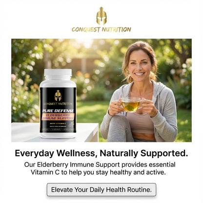 Conquest Nutrition supplement bottle with a woman holding a cup outdoors, promoting everyday wellness.