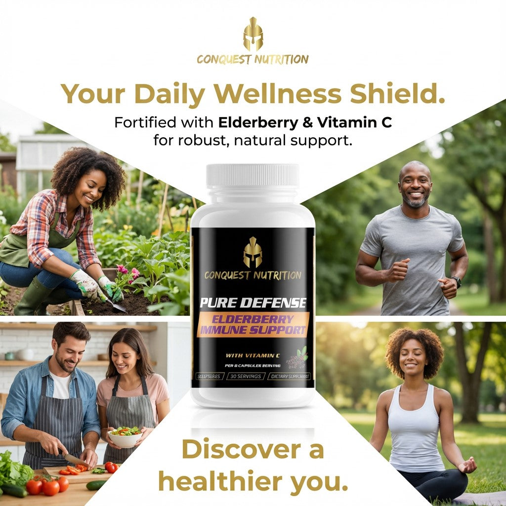 Conquest Nutrition Pure Defense supplement bottle with lifestyle images of people outdoors and indoors.