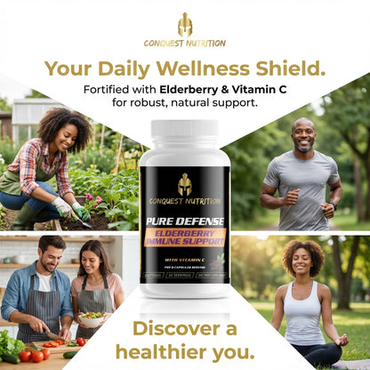 Conquest Nutrition Pure Defense supplement bottle with lifestyle images of people outdoors and indoors.