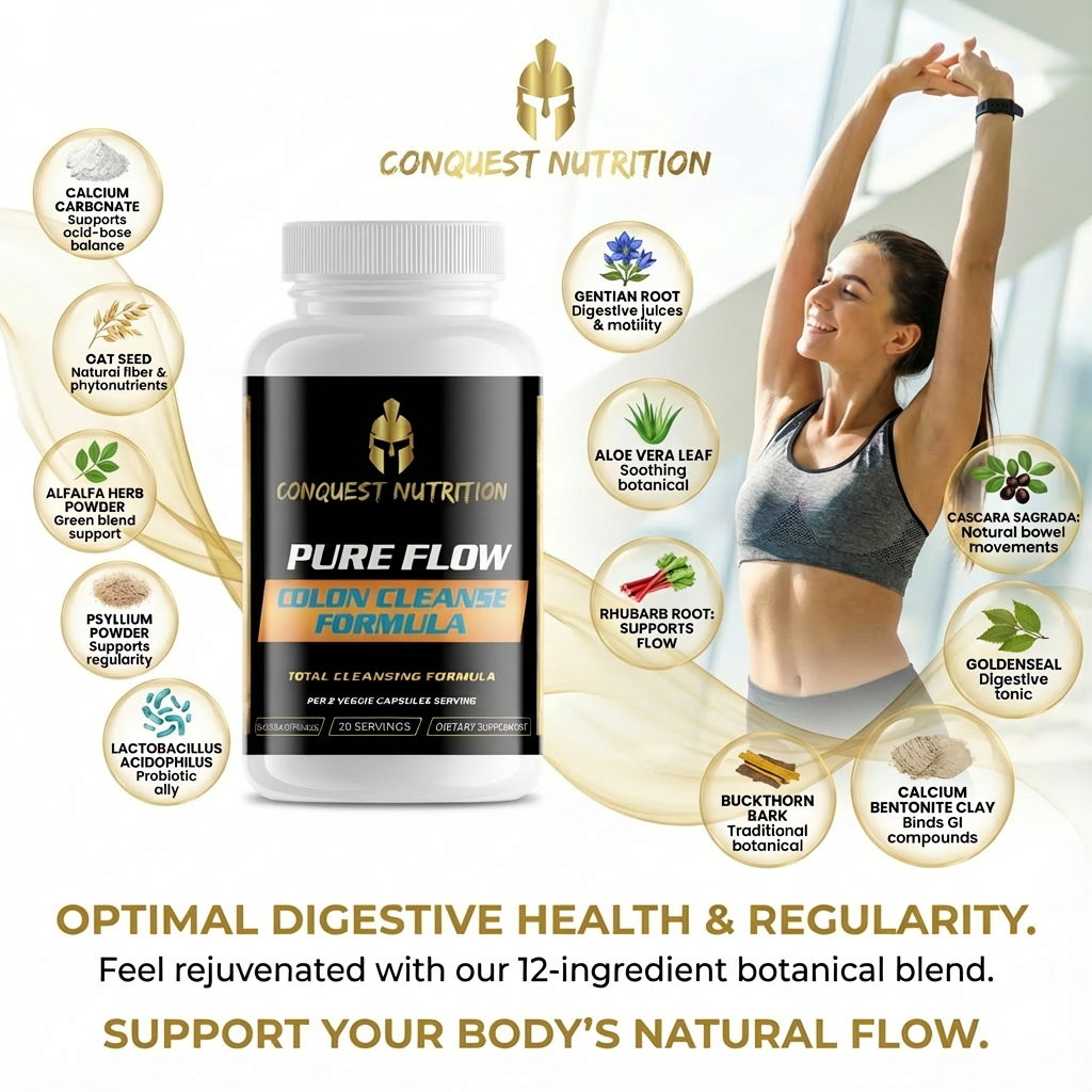 Conquest Nutrition Pure Flow Colon Cleanse Formula with a woman exercising in the background