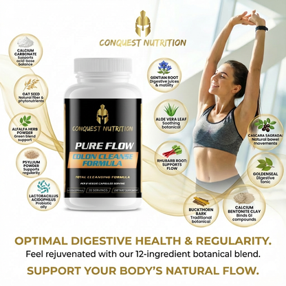 Conquest Nutrition Pure Flow Colon Cleanse Formula with a woman exercising in the background