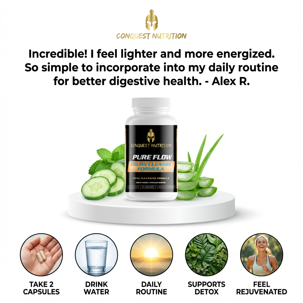 Conquest Nutrition Pure Flow supplement bottle with customer testimonial and product benefits on a white background