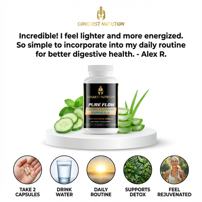 Conquest Nutrition Pure Flow supplement bottle with customer testimonial and product benefits on a white background