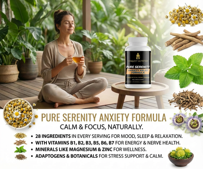 Woman meditating with a bottle of 'Pure Serenity Anxiety Formula' and natural ingredients on a white background.