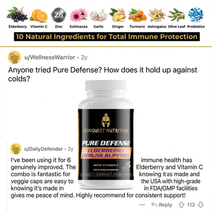 Conquest Nutrition Pure Defense supplement bottle with user comments on a white background