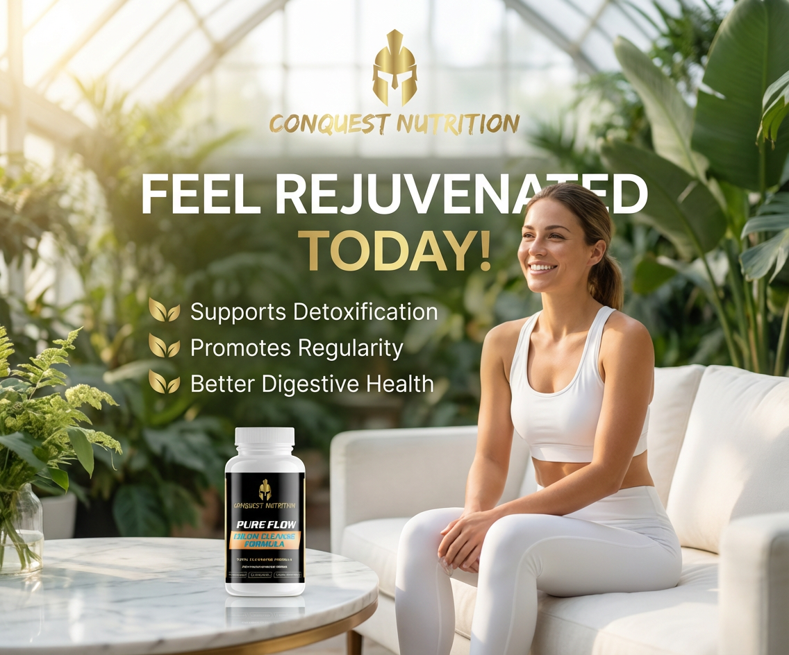 Woman sitting on a couch with Conquest Nutrition supplement bottle, surrounded by plants.