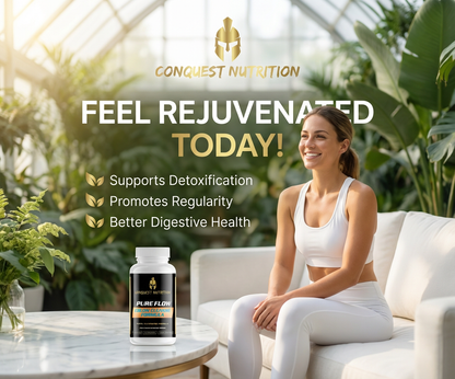 Woman sitting on a couch with Conquest Nutrition supplement bottle, surrounded by plants.