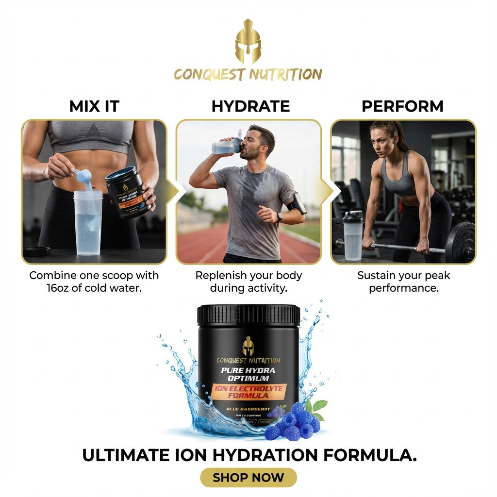 Advertisement for Conquest Nutrition supplement with text on how to use the product, hydrate, and perform.