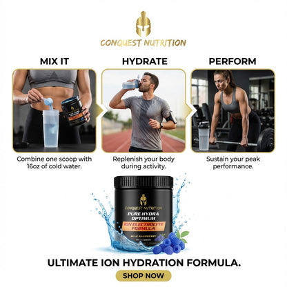 Advertisement for Conquest Nutrition supplement with text on how to use the product, hydrate, and perform.