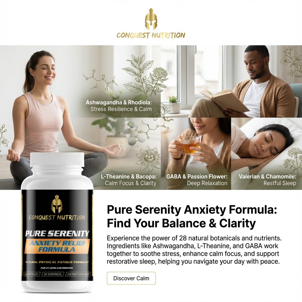Advertisement for Conquest Nutrition Pure Serenity Anxiety Formula with lifestyle images and product details.