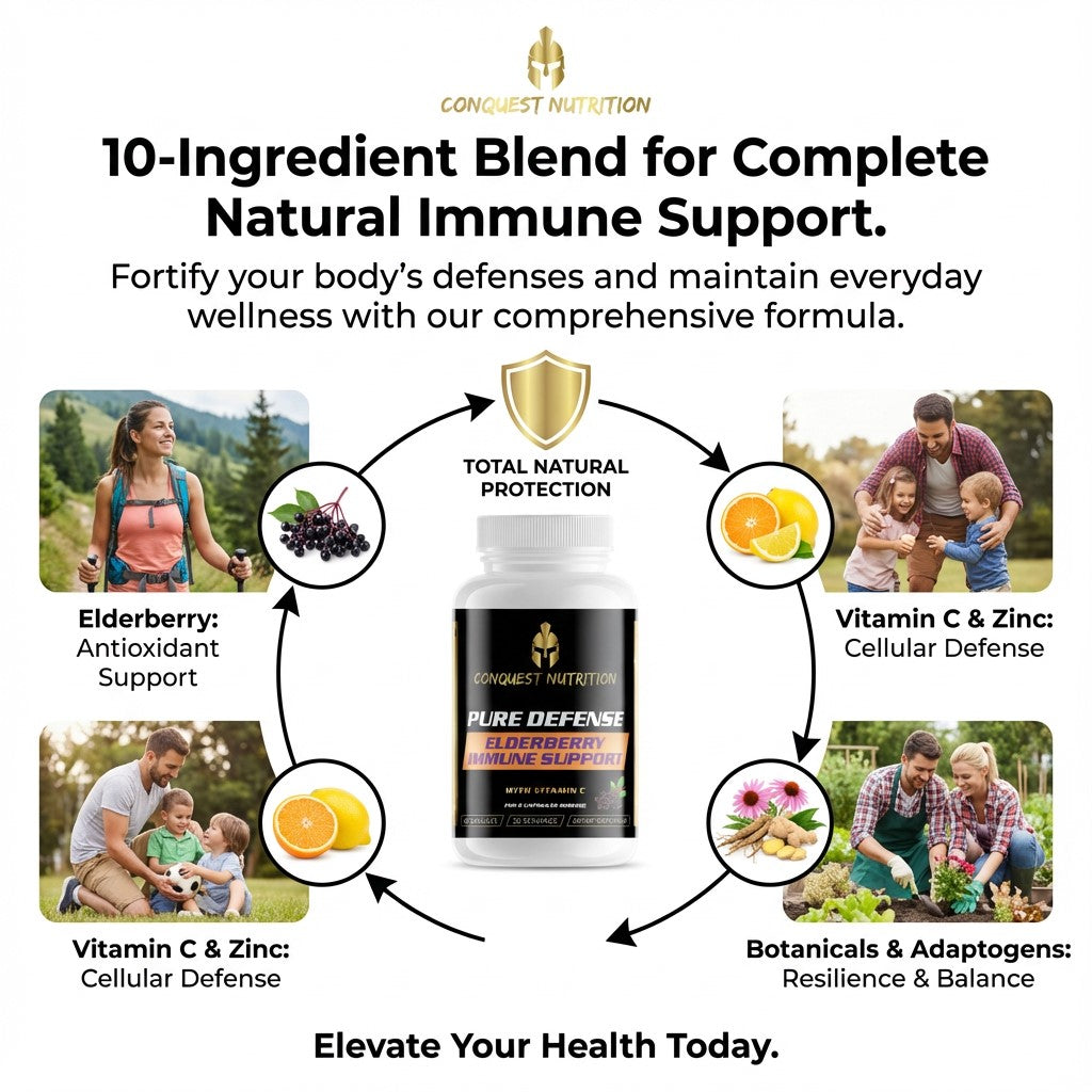 Advertisement for Conquest Nutrition's Pure Defense Elderberry & Zinc supplement with lifestyle images and product details.